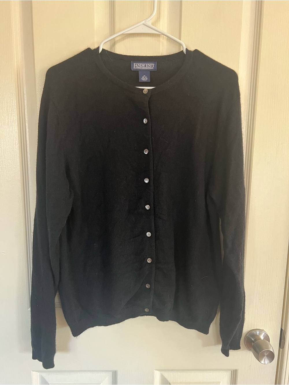 Lands’ End 100% Cashmere Black Button Front Cardigan Sweater M 10-12